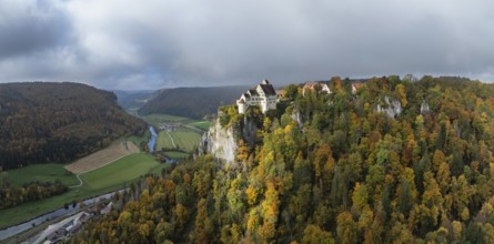 Aerial view, panorama of Werenwag castle and former castle on a rocky spur in the upper Danube