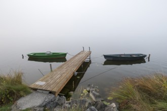 Boats and dock in foggy, quiet autumn landscape, Hopfensee, Ostallgäu, Bavaria, Germany
