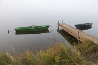 Two boats and a jetty in a misty seascape, Hopfensee, Ostallgäu, Bavaria, Germany