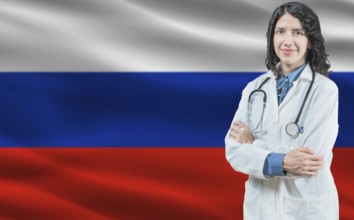 Russian medicine and healthcare concept. Close up of doctor against Russia flag background