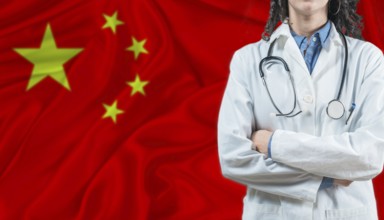 Medical professional on Chinese flag. Healthcare and wellness in China, Concept