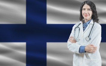 Finnish medicine and healthcare concept. Close up of doctor against Finland flag background