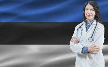 Estonian medicine and healthcare concept. Close up of doctor against Estonia flag background