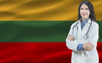 Lithuanian medicine and healthcare concept. Close up of doctor against Lithuania flag background