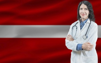 Latvian medicine and healthcare concept. Close up of doctor against Latvia flag background