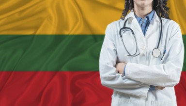 Medical professional on Lithuania flag. Healthcare and wellness in Lithuania, Concept