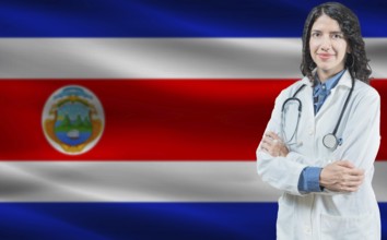 Costa Rican medicine and healthcare concept. Close up of doctor against Costa Rica flag background