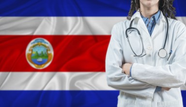 Medical professional on Costa Rican flag. Healthcare and wellness in Costa Rica, Concept