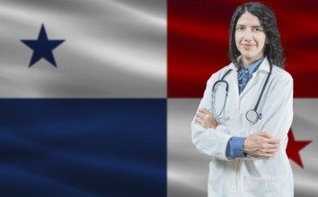 Panamanian medicine and healthcare concept. Close up of doctor against Panama flag background