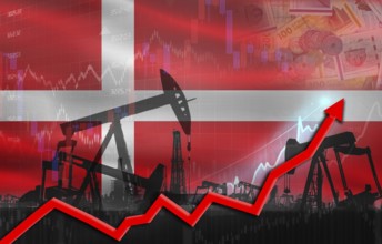 Oil production with Denmark flag, petrol industry. Oil pumps with Denmark flag