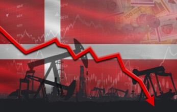 Oil crisis with Denmark flag on financial graph. Fall oil price with flag of Denmark on economic