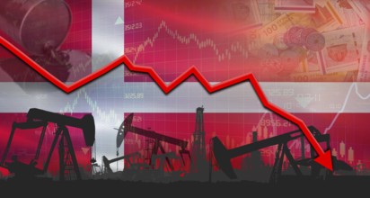 Fall oil price with flag of Denmark on economic chart, Petrol crisis with Denmark flag on financial