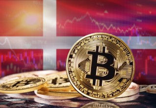 Bitcoin with Denmark flag in the background. Investors in cryptocurrency and Blockchain Technology