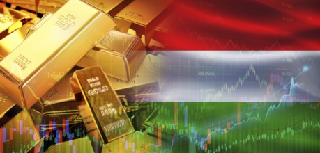 Gold bars stacked on Hungarian flag. Hungary gold reserves, Concept