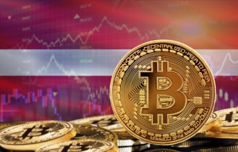 Investors in cryptocurrency and Blockchain Technology in Latvia, Concept. Bitcoin with Latvia flag