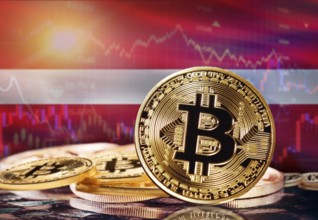 Bitcoin with Latvia flag in the background. Investors in cryptocurrency and Blockchain Technology