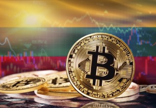 Bitcoin with Lithuania flag in the background. Investors in cryptocurrency and Blockchain