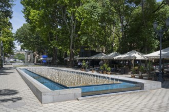 Modern fountain in a tree-lined men's alley with cafes, fountain in Shahumyan Park, 2750th