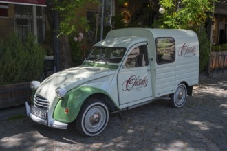 Retro-colored Citroen car parked in shady area under trees, Citroen 2CV, Citroën, vintage car,