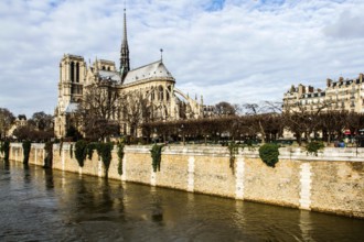 Notre Dame Cathedral (Cathedrale Notre Dame de Paris) viewed from Pont de l'Archeveche. Paris,