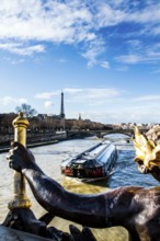 Detail of Pont Alexandre III (Alexandre III Bridge) and Eiffel Tower in the background. Paris,