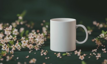 A white coffee cup sits on a table with pink flowers. The cup is empty and the flowers are