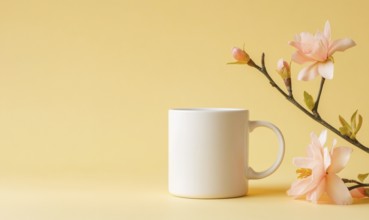 A white coffee cup sits on a yellow background with pink flowers in the foreground. Concept of calm