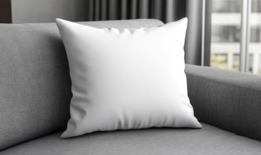 White pillow on a gray couch near a window with contemporary decor. AI generated