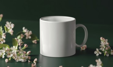 A white coffee cup sits on a green table with pink flowers in the background. The cup is empty and
