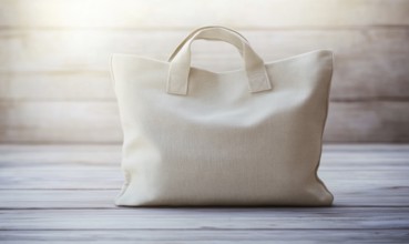 A white bag with a handle sits on a wooden surface. The bag is large and has a unique design. AI