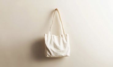 Beige canvas bag hanging on a wall hook in a minimalist setting. AI generated