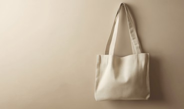 A tan tote bag is hanging on a wall. The bag is made of a light material and has a simple design.