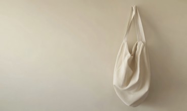 A white bag hanging on a wall. The bag is large and has a pattern on it. The wall is white and the