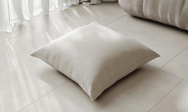 A white pillow sits on a tile floor. The pillow is square and has a pattern on it. The floor is