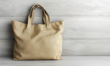 A tan bag with a brown handle sits on a wooden surface. The bag is open and the handle is visible.
