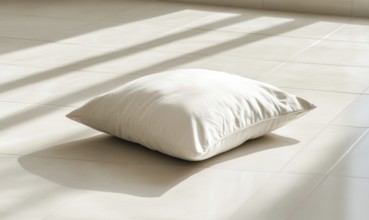 A white pillow is laying on a tile floor. The pillow is small and white, and it is laying on its