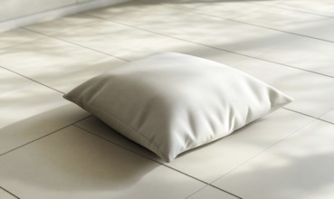 A white pillow sits on a tile floor. The pillow is small and square in shape. The floor is white