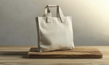 A white canvas bag with a brown handle sits on a wooden cutting board. The bag is unopened and he