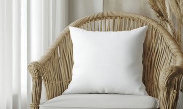 A white pillow sits on a wicker chair in a room with white walls. The pillow is the main focus of