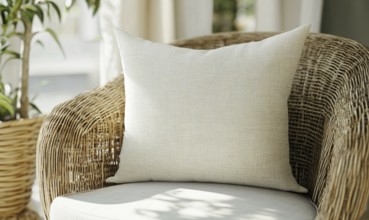 A white pillow sits on a wicker chair in front of a potted plant. The pillow is patterned with a