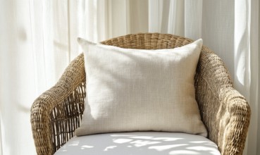 A wicker chair with a white pillow on it. The pillow has a pattern of squares and circles. The
