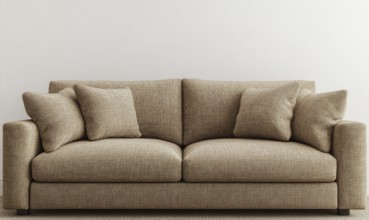 A brown couch with pillows on it. The couch is in a room with a white wall. AI generated