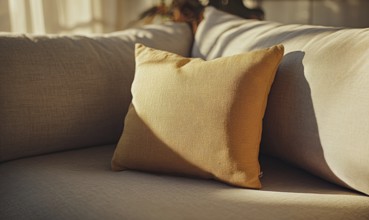 A tan pillow sits on a couch, casting a shadow on the couch. The pillow is the main focus of the