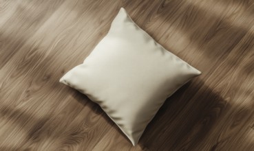A cream pillow on a hardwood floor with natural light and shadows. AI generated