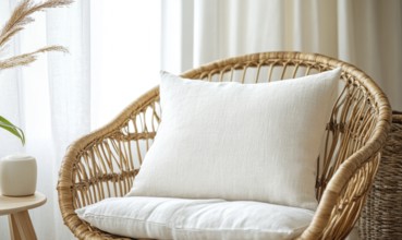 A white pillow sits on a wicker chair in front of a window. The chair is made of bamboo and the