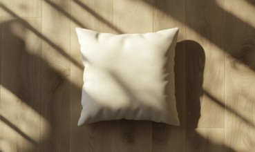 A beige pillow on a wooden floor with sunlight casting intricate shadows. AI generated