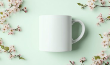 A white coffee cup sits on a green background with pink flowers. The cup is empty and the flowers
