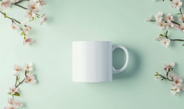 A white coffee cup sits on a green background with pink flowers. The cup is empty and the flowers