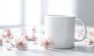 A white coffee cup with pink flowers on the table. The cup is empty and the flowers are scattered