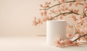 A white coffee cup is sitting on a table next to a branch of pink flowers. Concept of calm and